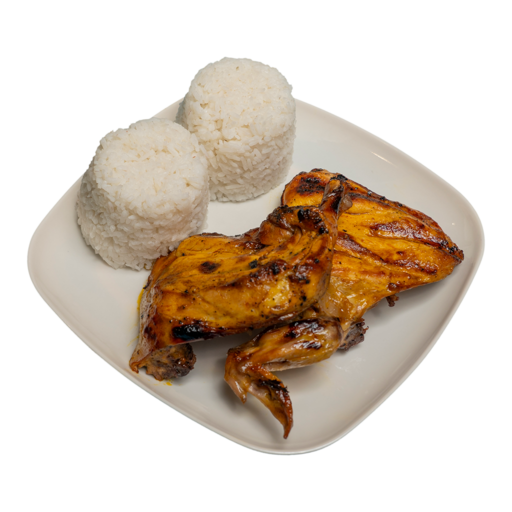 Two pieces of chicken inasal and two cups of rice on a white plate.