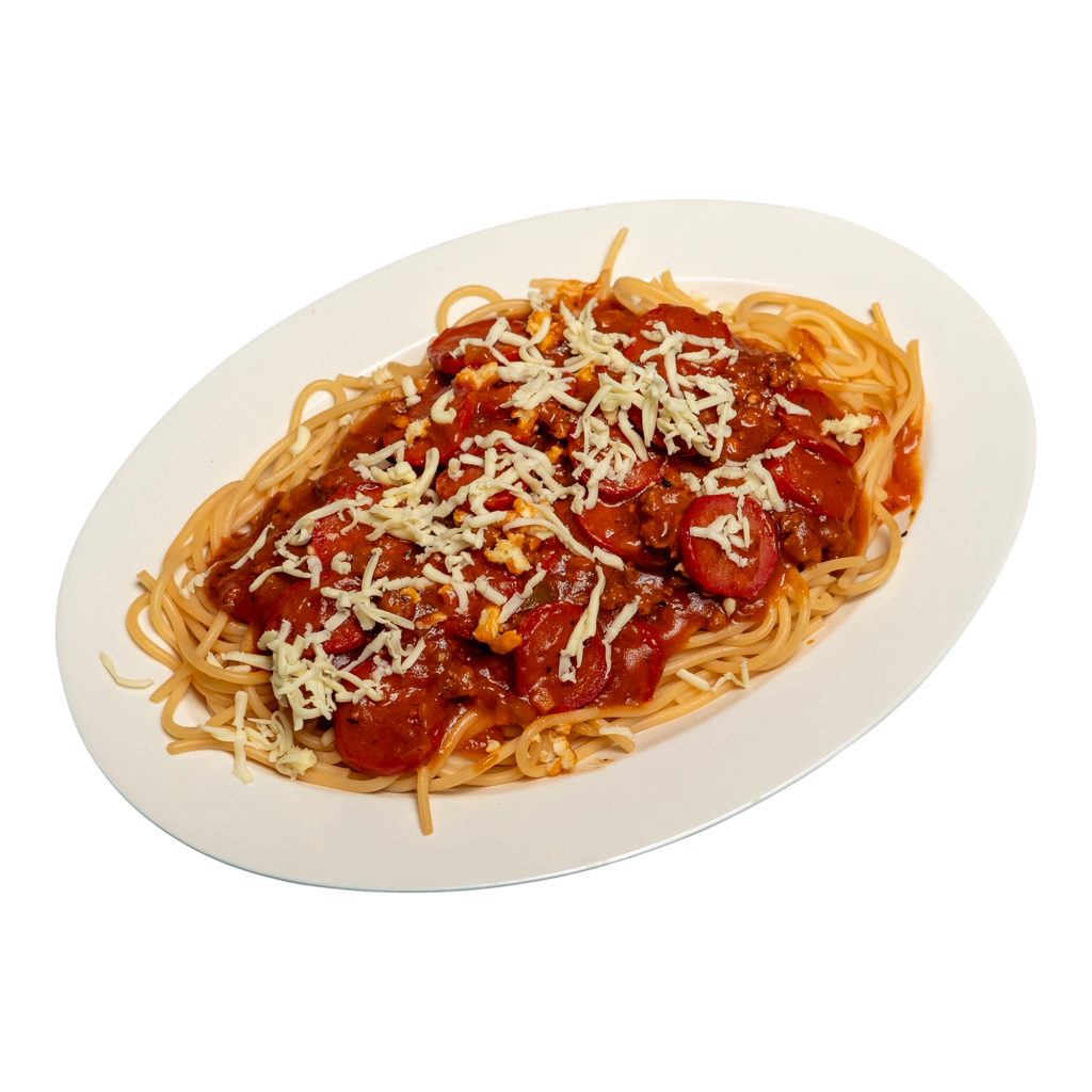 Spaghetti on a white plate.