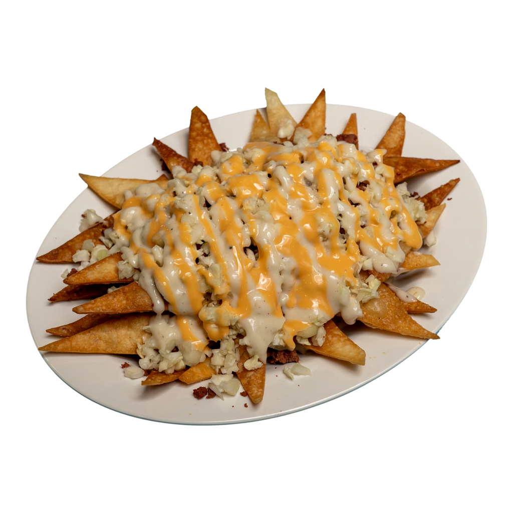 Beef nachos on a white plate.