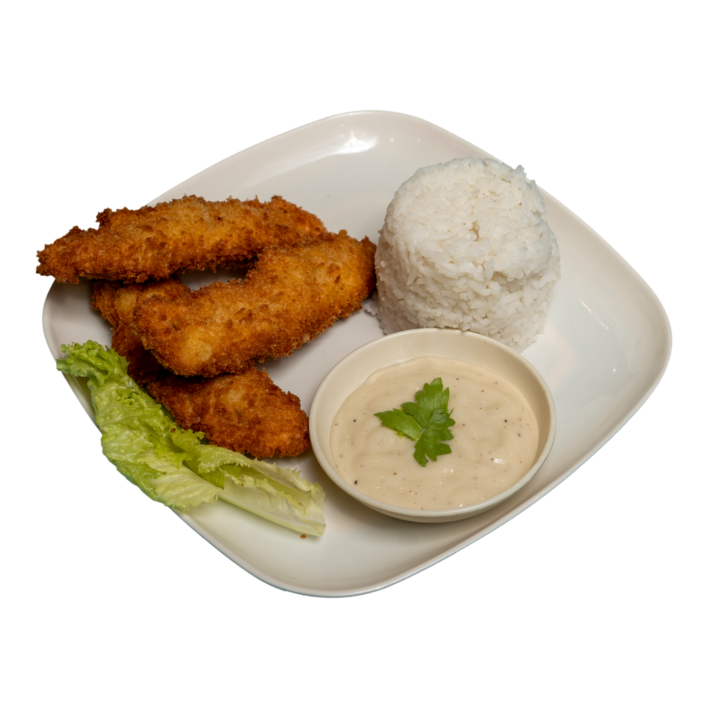 Four pieces of chicken tenders, a dip, and a cup of rice on a white plate.